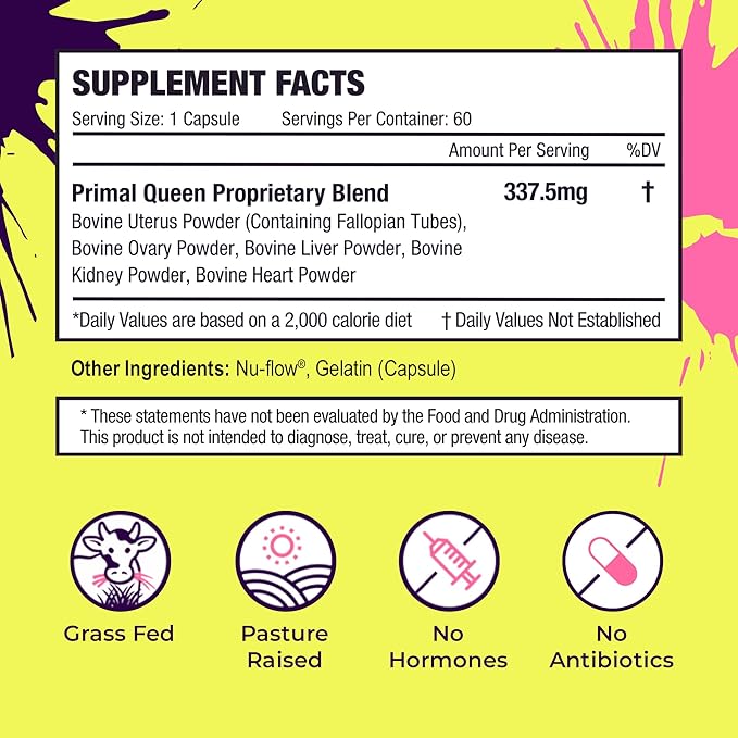 Primal Queen Female-Optimized Beef Organ Superfood Supplement (Beef Liver, Kidney, Heart, & 3 More) - 100% Grass Fed, Pasture Raised - 3rd Party & Clinically Tested