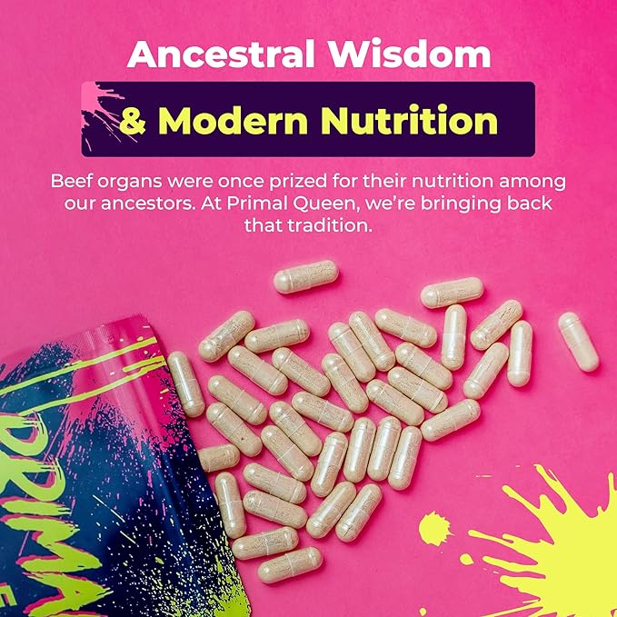 Primal Queen Female-Optimized Beef Organ Superfood Supplement (Beef Liver, Kidney, Heart, & 3 More) - 100% Grass Fed, Pasture Raised - 3rd Party & Clinically Tested