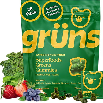 Gruns Adults Super Greens Multivitamin Gummies, Superfood Vitamin Gummy Bears with Spirulina, Chlorella, Prebiotic Fiber for Digestive Health, Adaptogens Supplement, 20 Vitamins & Minerals, 28 Count