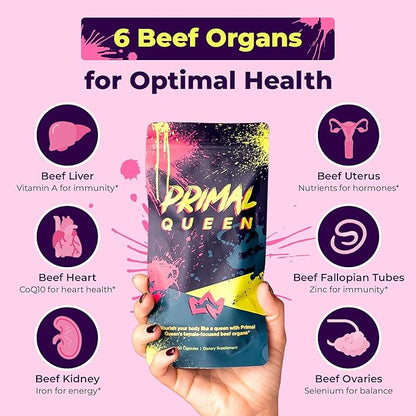 Primal Queen Female-Optimized Beef Organ Superfood Supplement (Beef Liver, Kidney, Heart, & 3 More) - 100% Grass Fed, Pasture Raised - 3rd Party & Clinically Tested