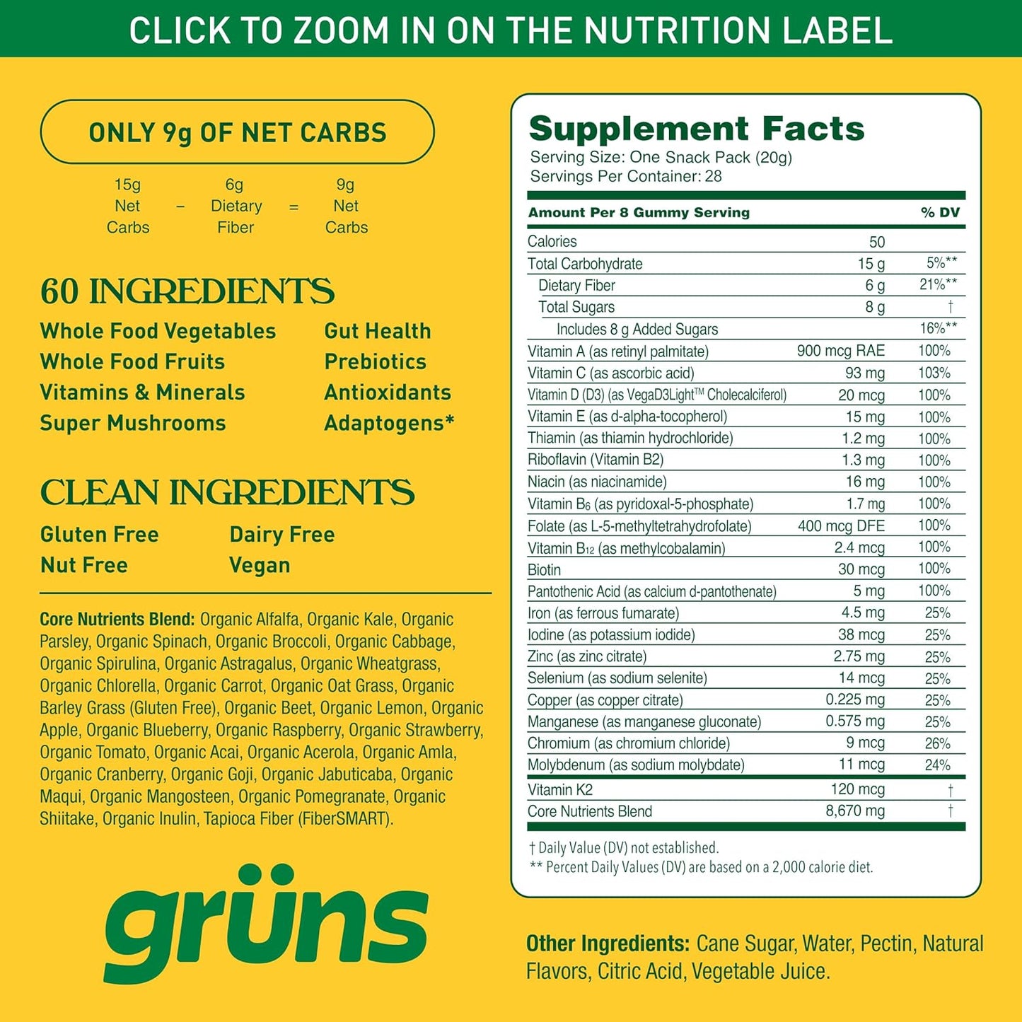Gruns Adults Super Greens Multivitamin Gummies, Superfood Vitamin Gummy Bears with Spirulina, Chlorella, Prebiotic Fiber for Digestive Health, Adaptogens Supplement, 20 Vitamins & Minerals, 28 Count
