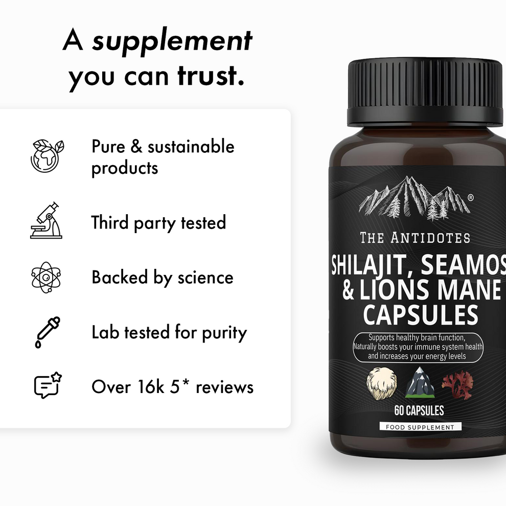 The Antidotes Shilajit, SeaMoss and Lions Mane Capsules - 60 Vegan Capsules